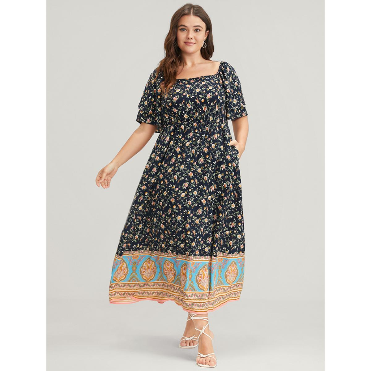 Plus Size Floral Pocket Ruffles Square Neck Midi Dress DarkBlue Women Elegant Elastic Waist Square Neck Short sleeve Curvy Midi Dress BloomChic 22-24/3X Product Image