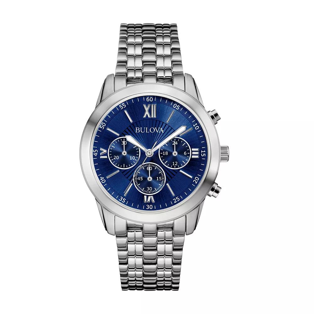 Bulova Men's Classic Stainless Steel Blue Dial Chrononograph Bracelet Watch - 96A174, Size: 40 mm, Gold Silver Product Image