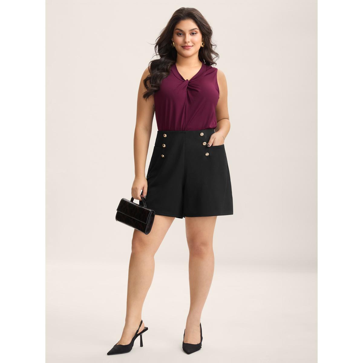 Plus Size No-Gap Waist Button Detail Straight-Leg Shorts Women Black At the Office Button Straight Leg Work Shorts BloomChic 18-20/2X Product Image