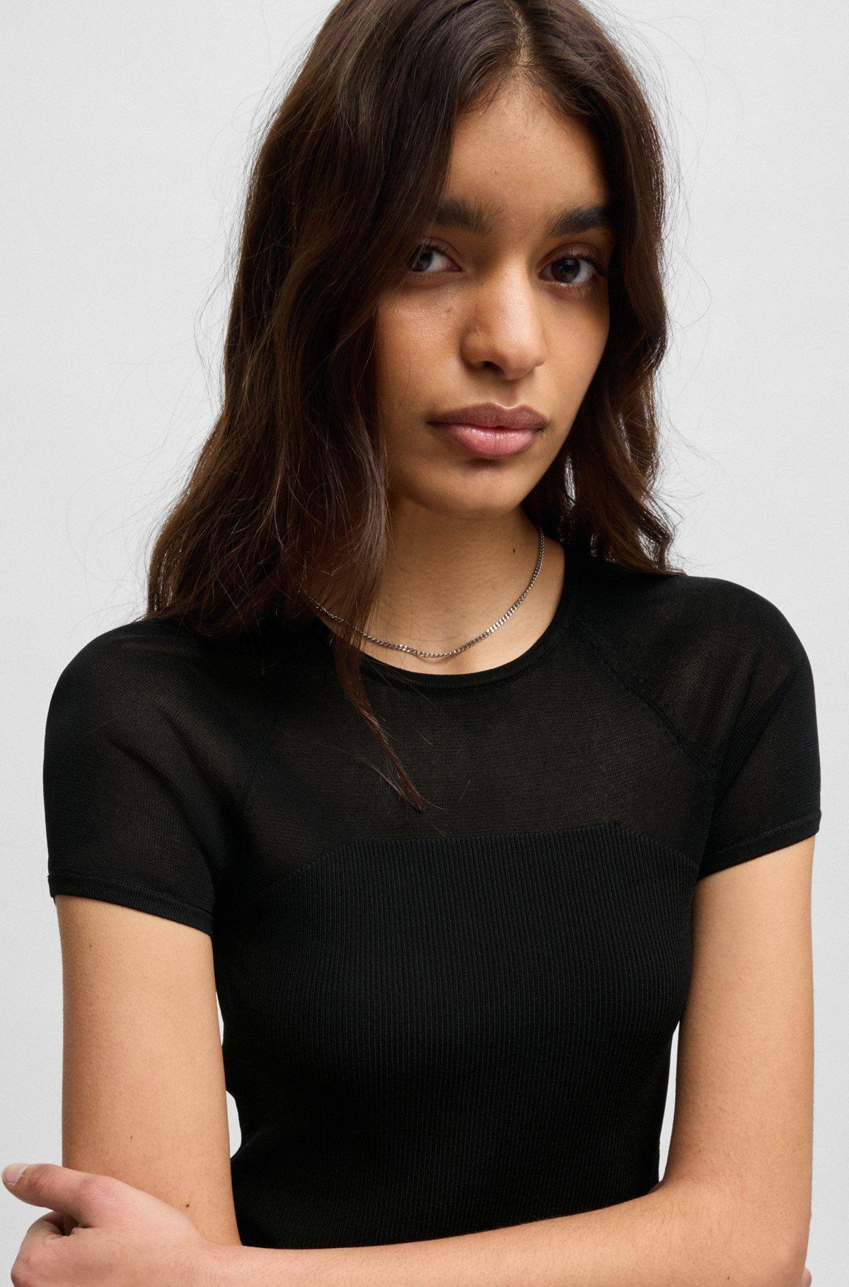 Rib-knit top with sheer panels and logo chain Product Image