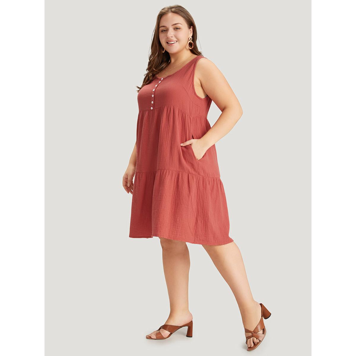 Plus Size Solid Button Detail Layered Hem Tank Dress Rust Women Vacation Button Round Neck Sleeveless Curvy Knee Dress BloomChic 12/L Product Image
