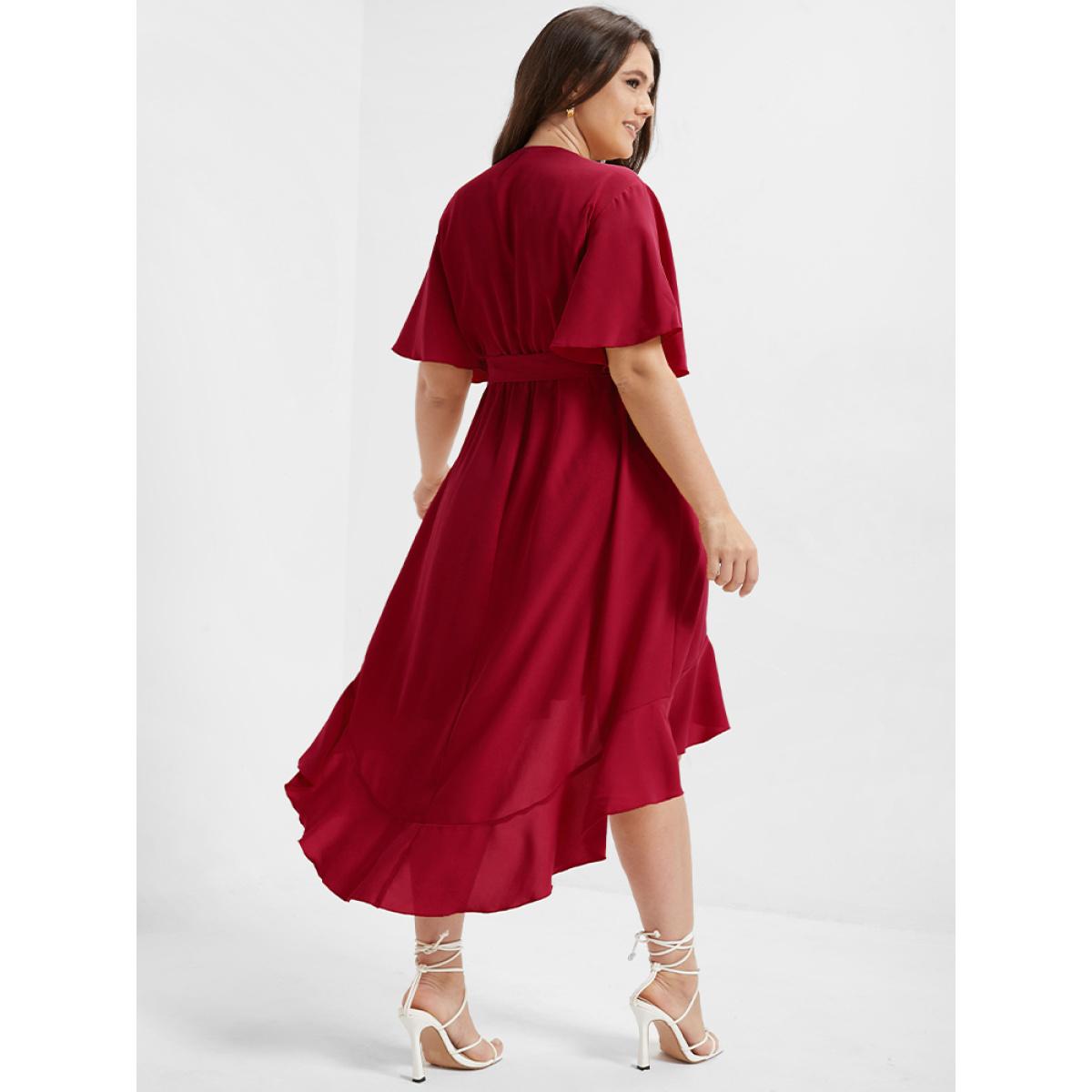 Plus Size Bloom Dress - Solid Tie Surplice Ruffle High Low Dress Burgundy Women Elegant Cross straps V-neck Short sleeve Curvy Midi Dress BloomChic 14/1X Product Image