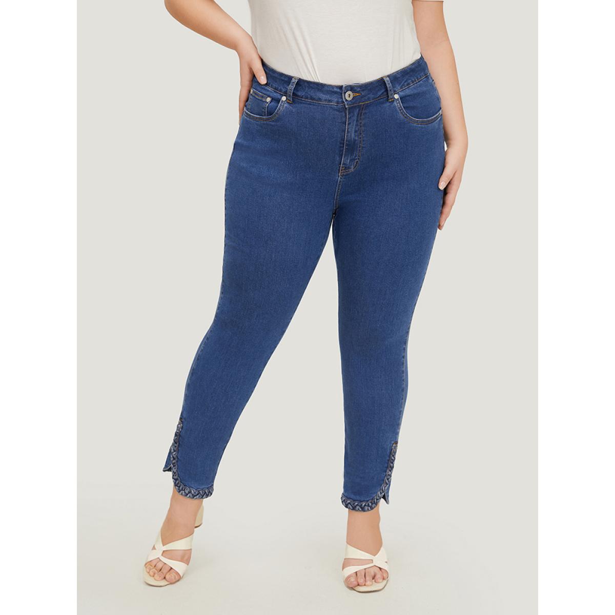 Plus Size Split Arc Hem Medium Wash Jeans Women Blue Casual Plain Arc Hem High stretch Pocket Jeans BloomChic 18/2X Product Image