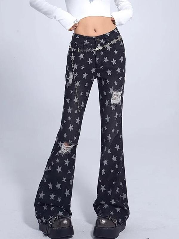 Vintage Star Print Ripped Flare Jeans Product Image