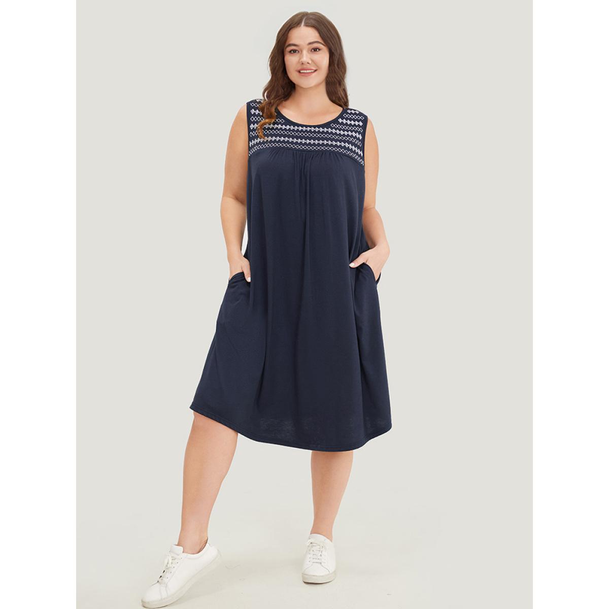 Plus Size Geometric Embroidered Gathered Pocket Tank Dress Navy Women Casual Gathered Round Neck Sleeveless Curvy Midi Dress BloomChic 12/L Product Image