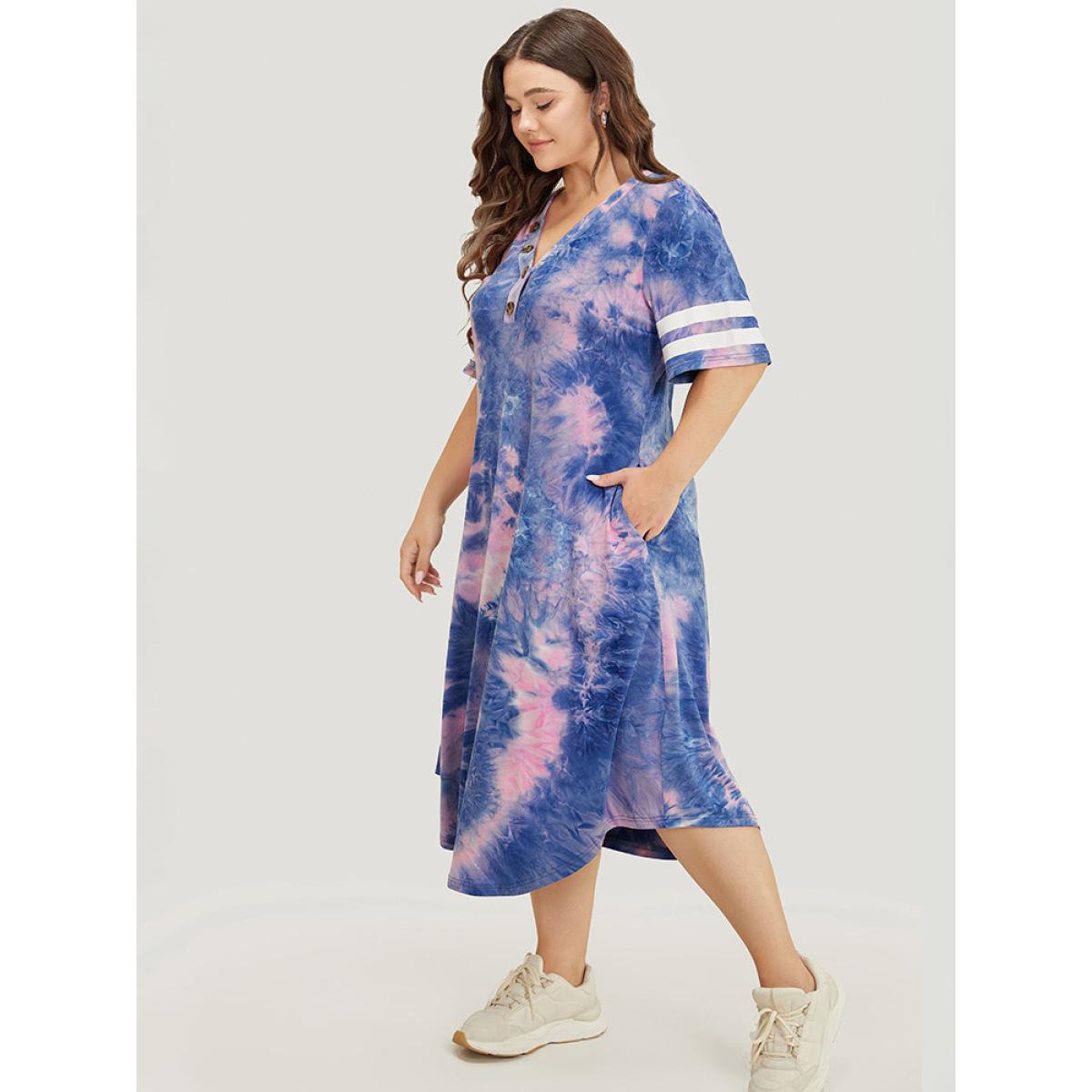 Plus Size Tie Dye & Striped Button Detail Pocket Arc Hem Dress Blue Women Casual Printed V-neck Short sleeve Curvy Midi Dress BloomChic 30/6X Product Image
