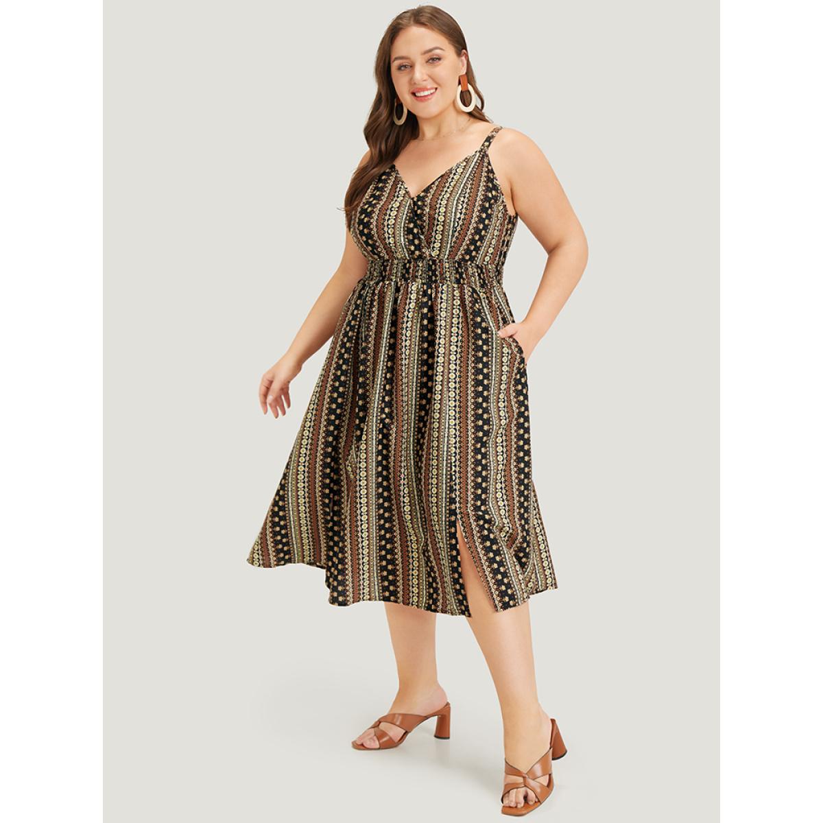 Plus Size Bandana Print Shirred Pocket Split Wrap Cami Dress DarkBrown Women Vacation Adjustable Straps Spaghetti Strap Sleeveless Curvy Midi Dress BloomChic 30/6X Product Image