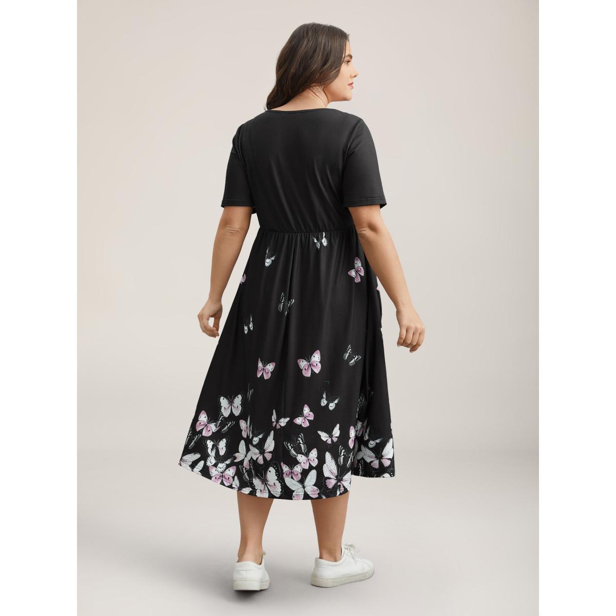 Plus Size Butterfly Print Waist-Tie Midi Dress BlackFlower Women Casual Drawstring Knit Dresses Bloomchic 22-24/3X Product Image