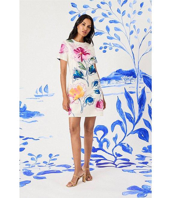 Maggy London Poplin Floral Print Crew Neck Short Sleeve Shift Mini Dress Product Image