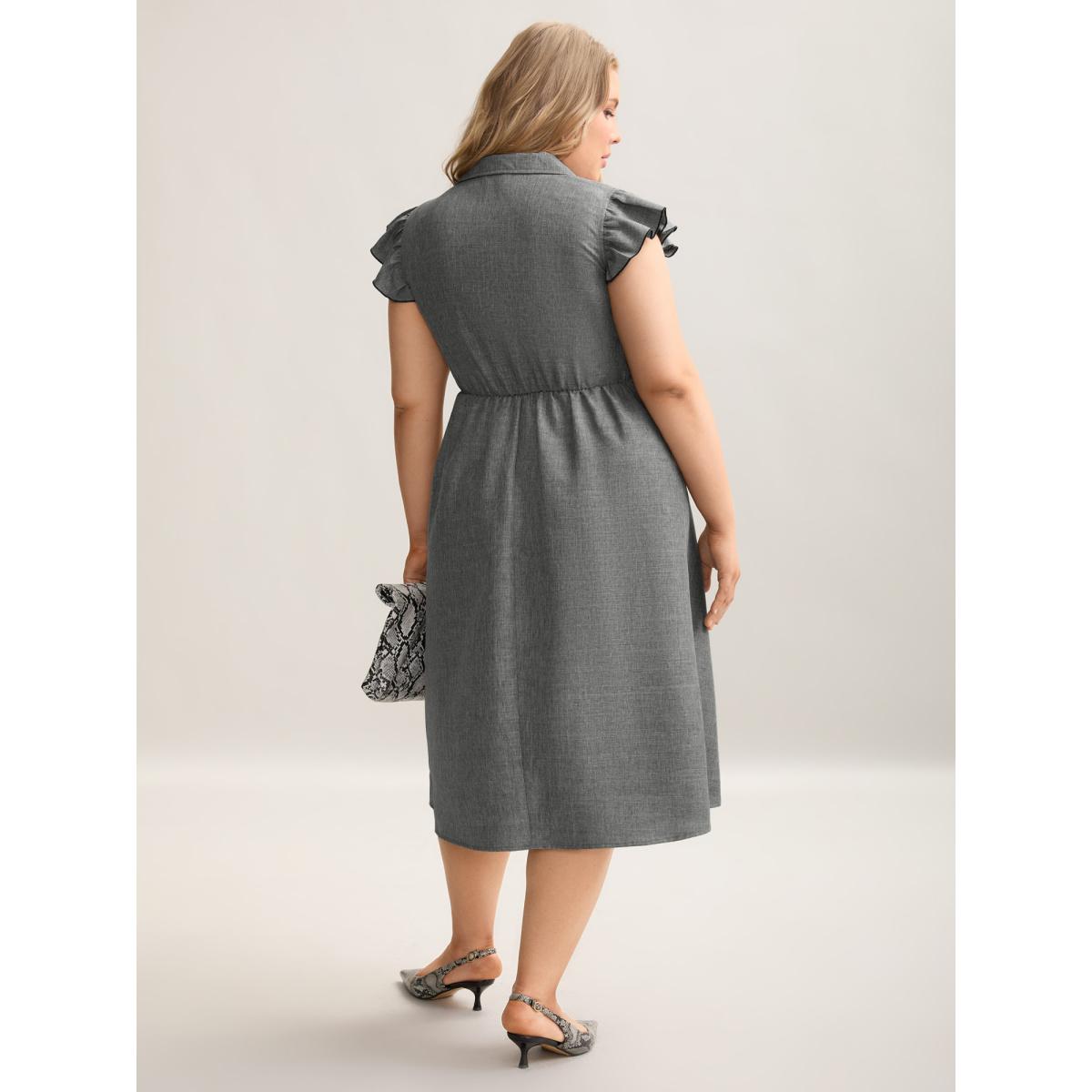 Plus Size Ruffled Trim Shirt Collar Flared Midi Dress DarkGray Women Office Frill Trim Shirt collar Cap Sleeve Curvy BloomChic 12/L Product Image