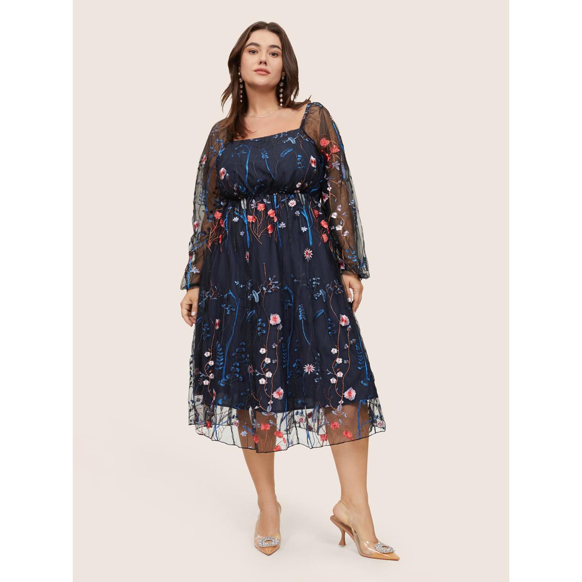 Plus Size Square Neck Embroidered Lace Mesh Lantern Sleeve Dress Navy Women Formal Elastic cuffs Square Neck Long Sleeve Curvy Midi Dress BloomChic 12/L Product Image