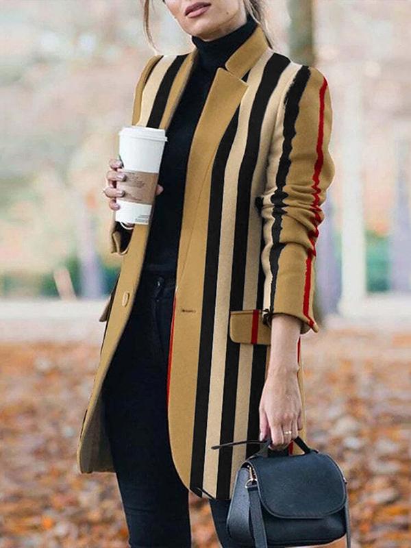 Long Sleeves Loose Buttoned Split-Joint Striped Stand Collar Woolen Coat Product Image