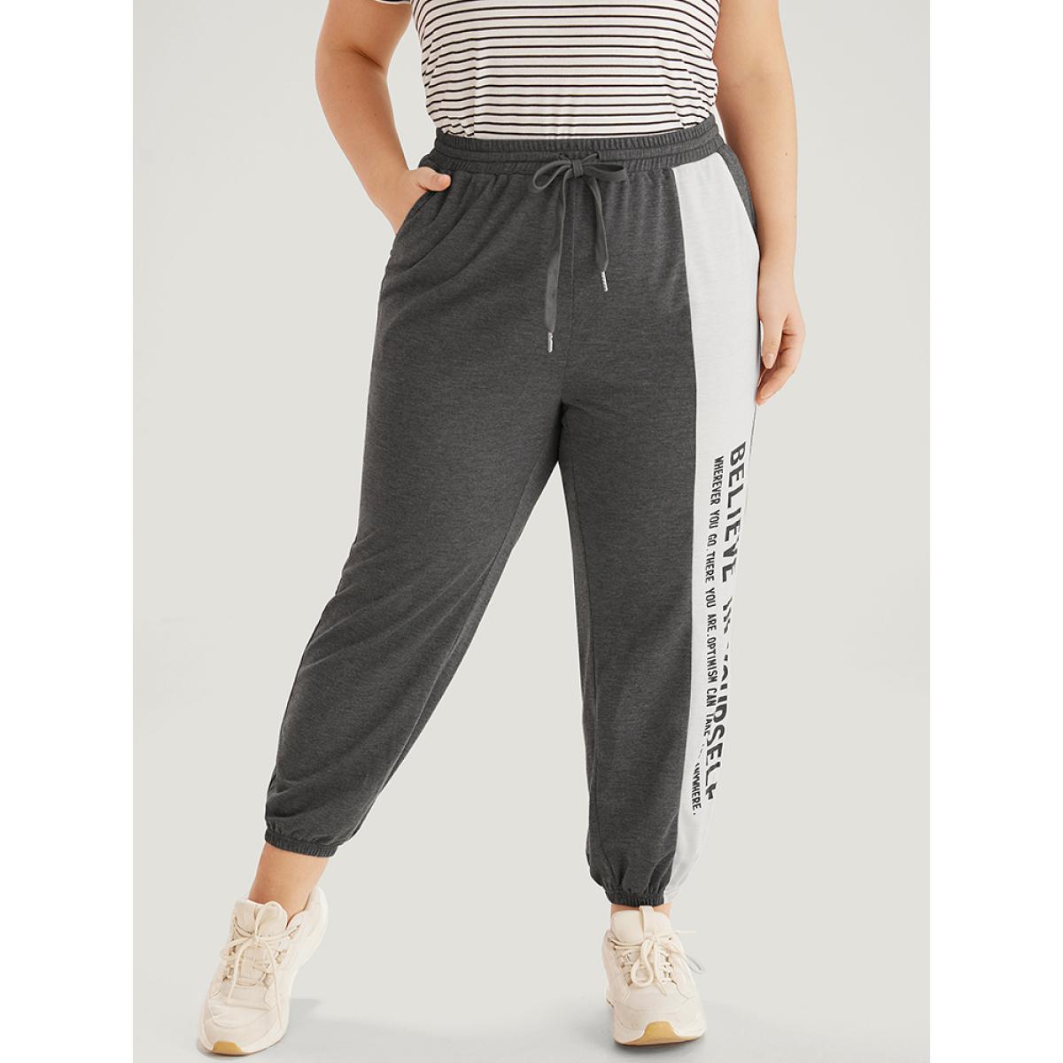 Letter Print Bowknot Contrast Patchwork Pocket Sweatpants Gray Plus Size Women Casual Everyday Contrast 12/L Bloomchic Product Image