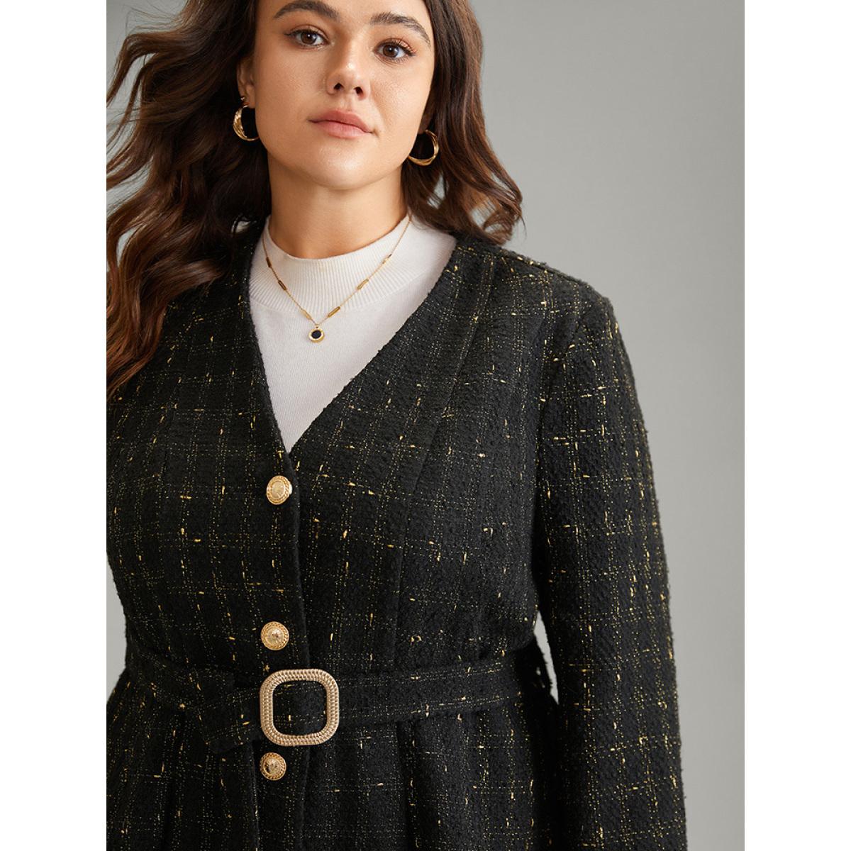 Plus Size Tweed Metal Detail Belted V Neck Blazer Black Women Dailywear Plain Sleeve Long Sleeve V-neck 28/5X Pocket Belt Elegant Blazers BloomChic Product Image