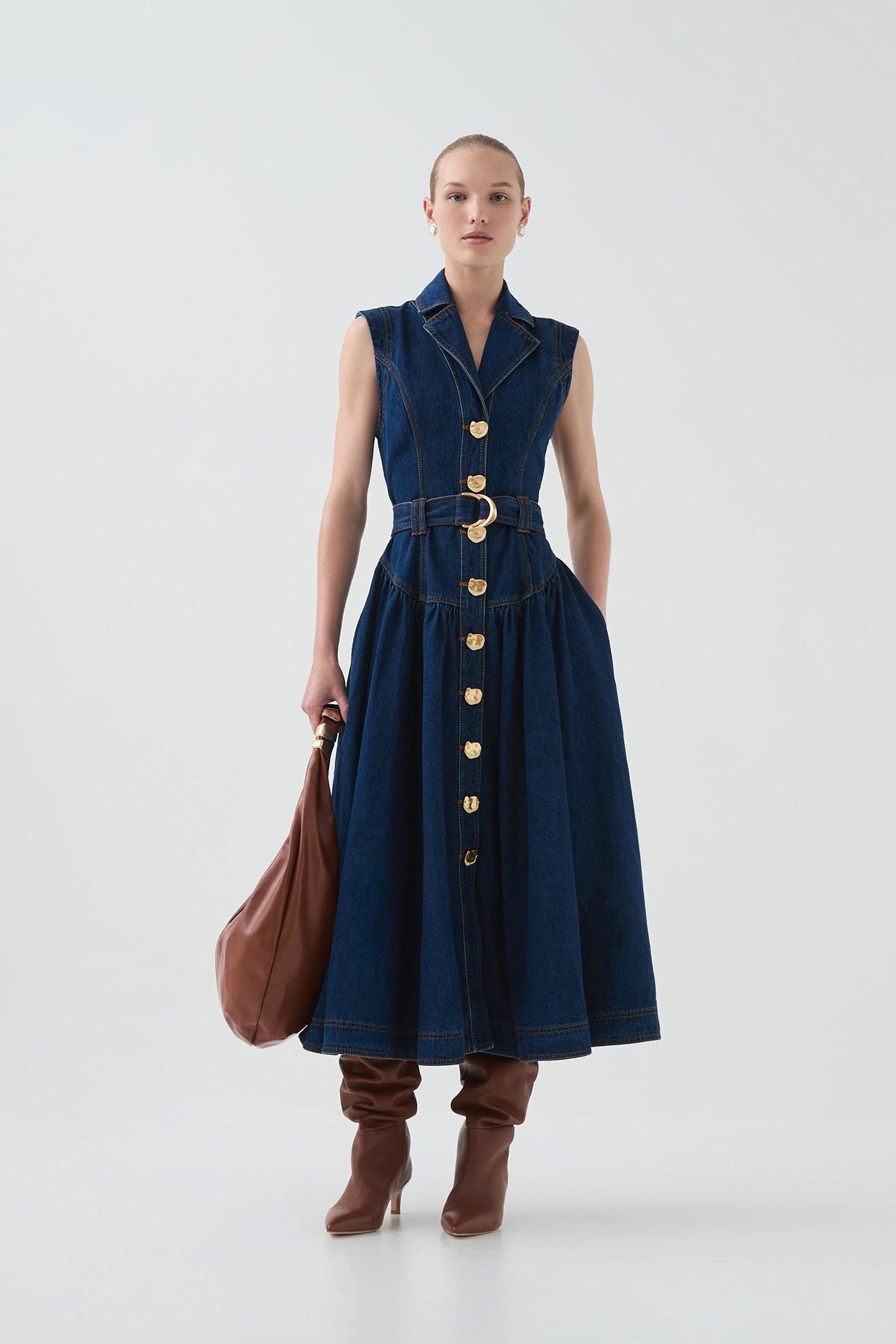 Elena Belted Denim Midi Dress Product Image