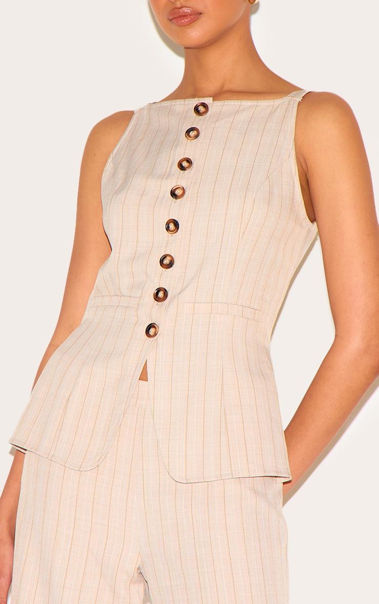 Stone Pinstripe Linen Button Down Peplum Hem Jumpsuit Product Image