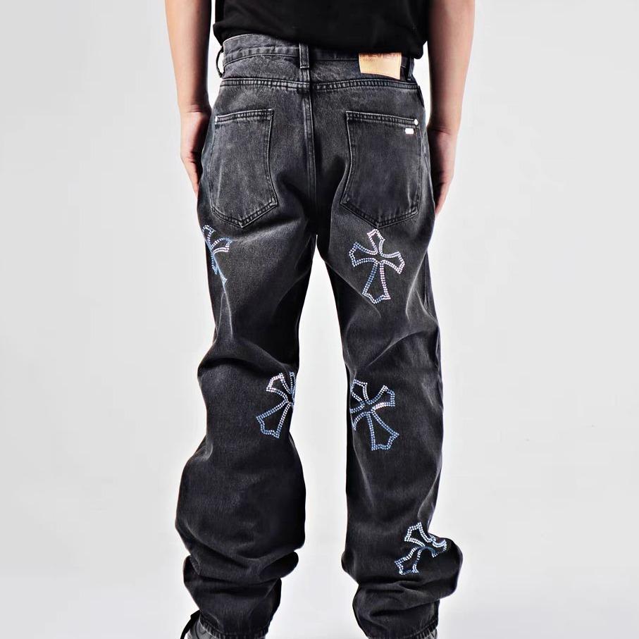 Men's Street Ecross Rhinestone Denim Straight Pants Product Image