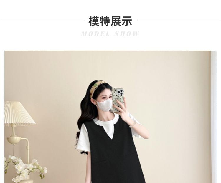 Maternity Set: Short-Sleeve Round Neck Mock Two Piece Tee + High Waist Plain Shorts Product Image