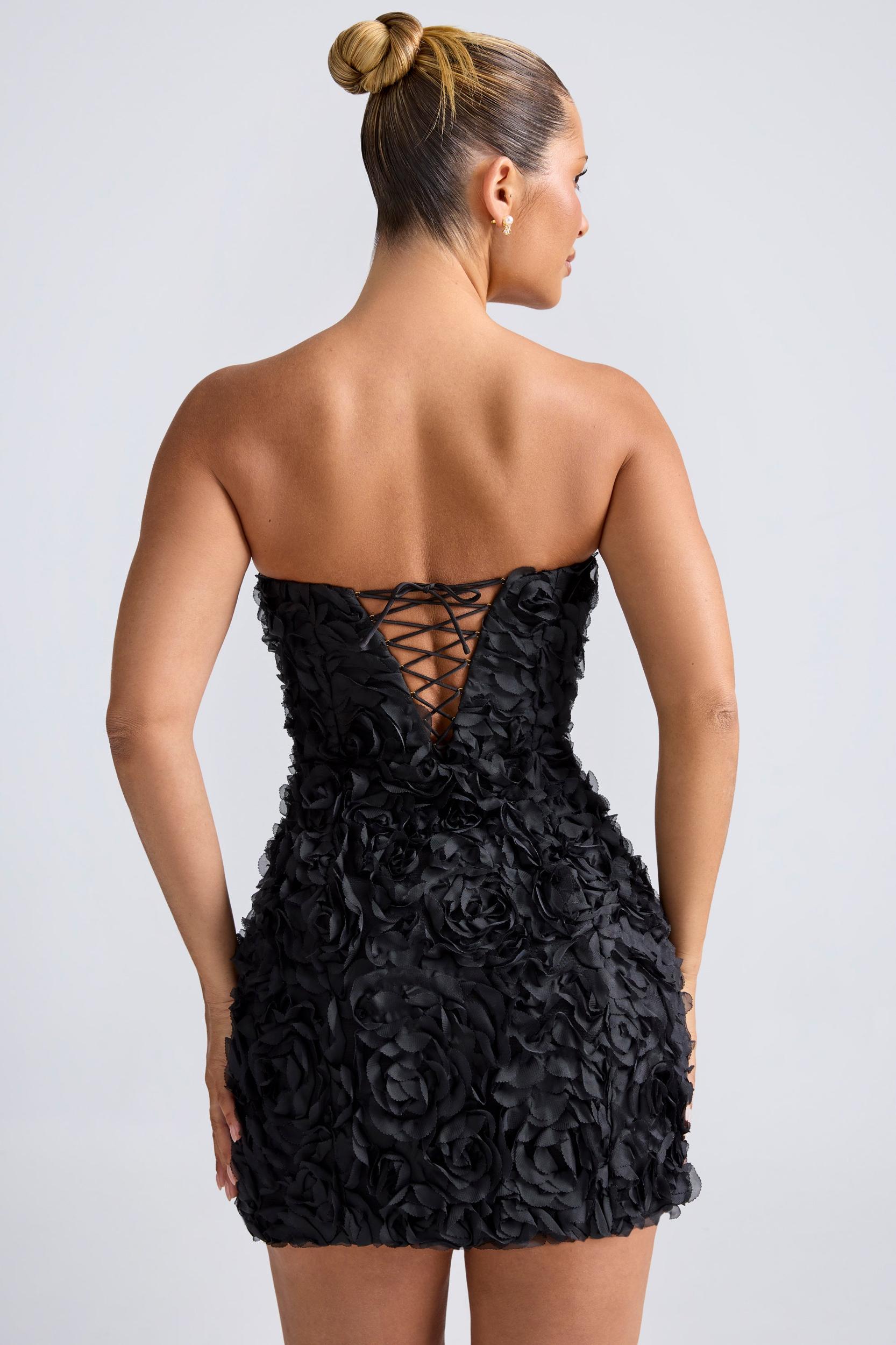 Floral-Appliqué Bandeau A-Line Mini Dress in Black Product Image