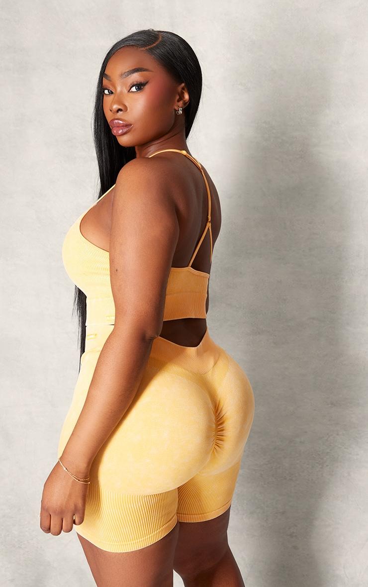 PLT SPORT Plus Mustard Acid Wash Seamless Rib Longline Cage Back Sports Bra Product Image