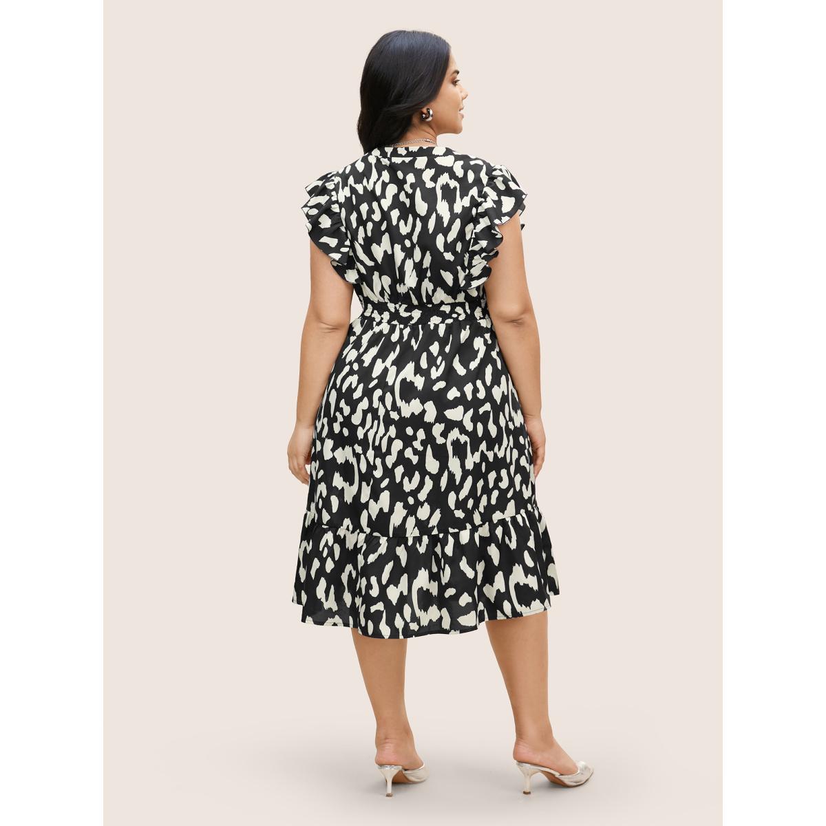 Plus Size Notched Leopard Print Cap Sleeve Ruffles Dress Black Women Office Notched collar Cap Sleeve Curvy BloomChic 28/5X Product Image