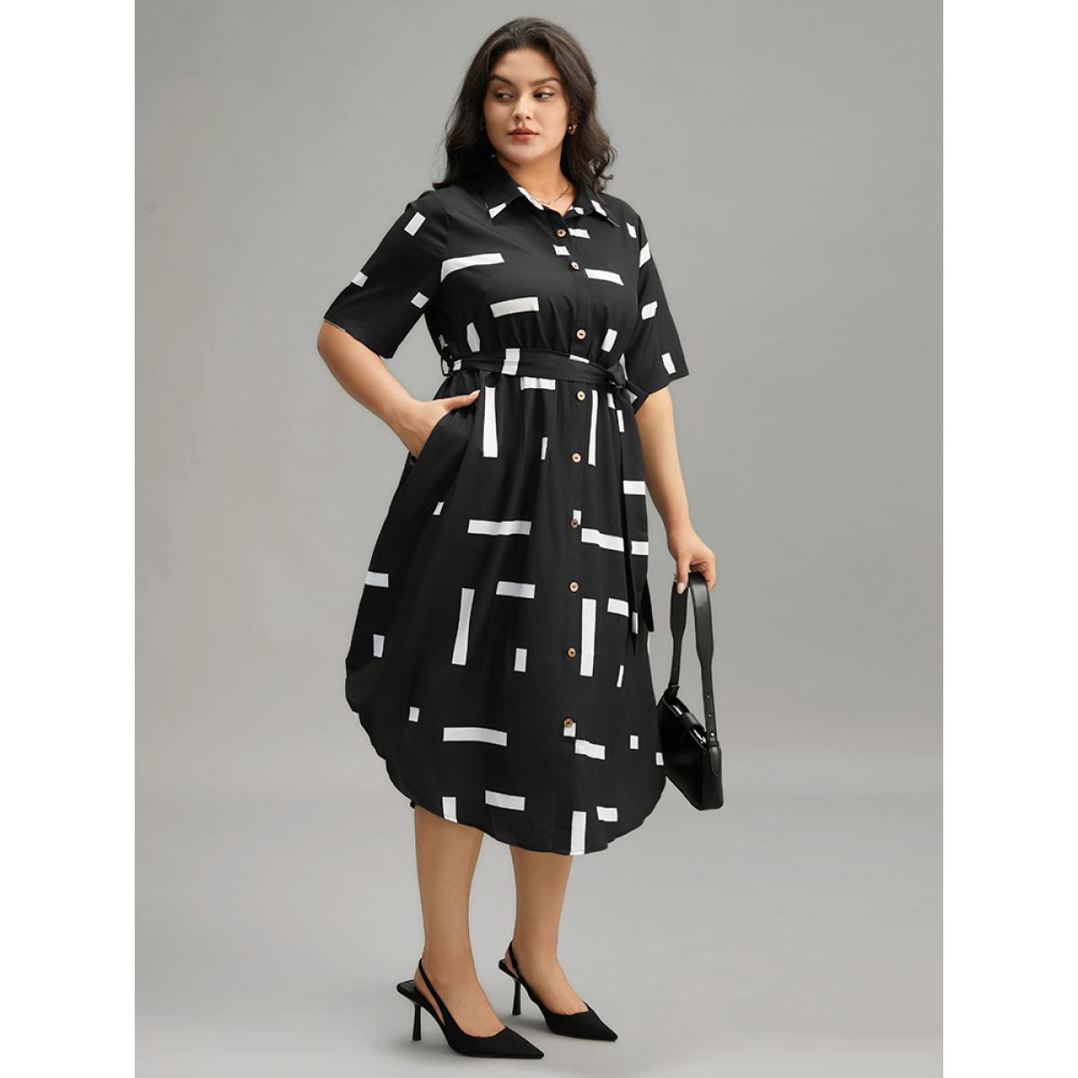 Plus Size Geometric Print Shirt Collar Button Up Belted Dress Black Women Office Belted Shirt collar Short sleeve Curvy Midi Dress BloomChic 30/6X Product Image