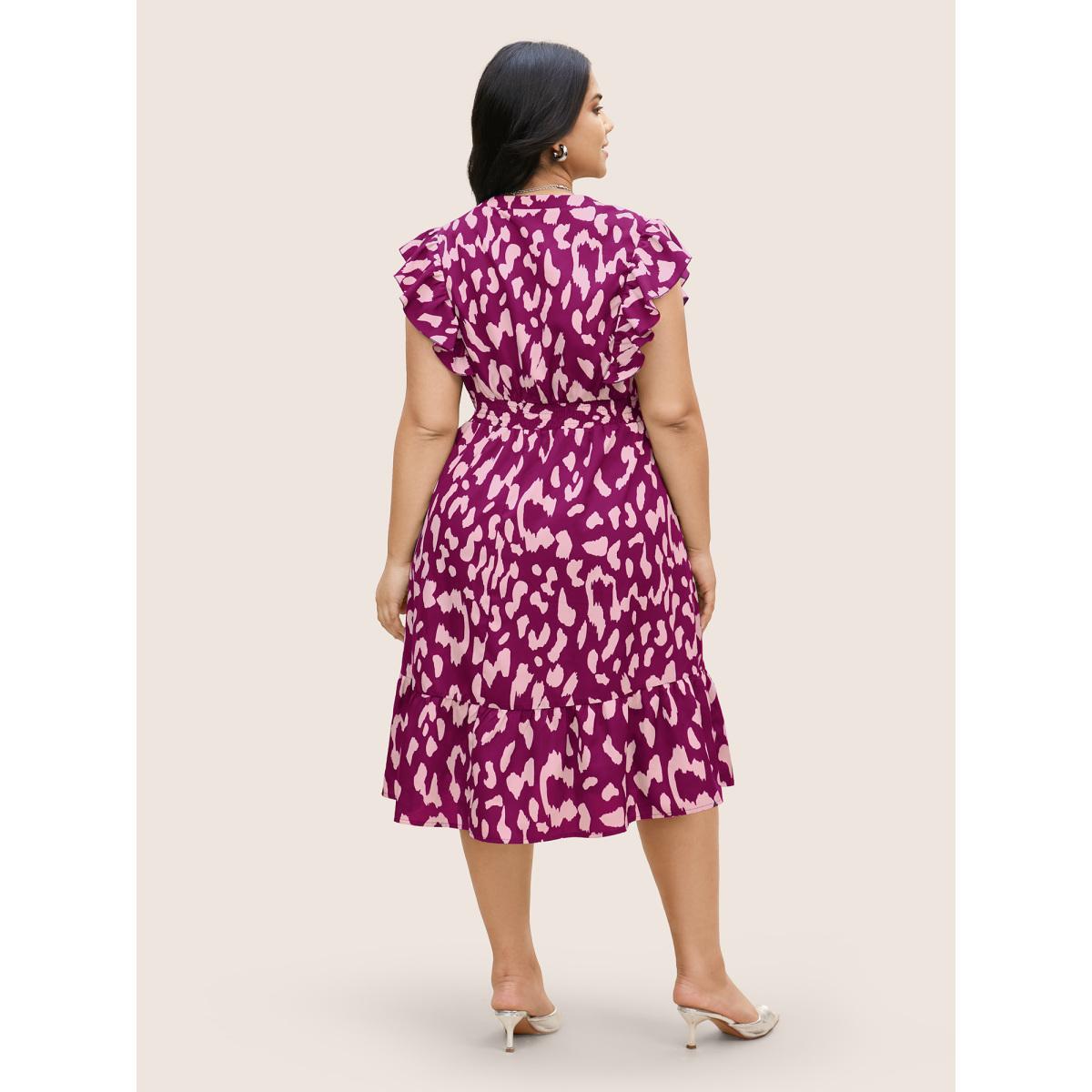 Plus Size Notched Leopard Print Cap Sleeve Ruffles Dress Deeppurplered Women At the Office Notched collar Cap Sleeve Curvy BloomChic 22-24/3X Product Image