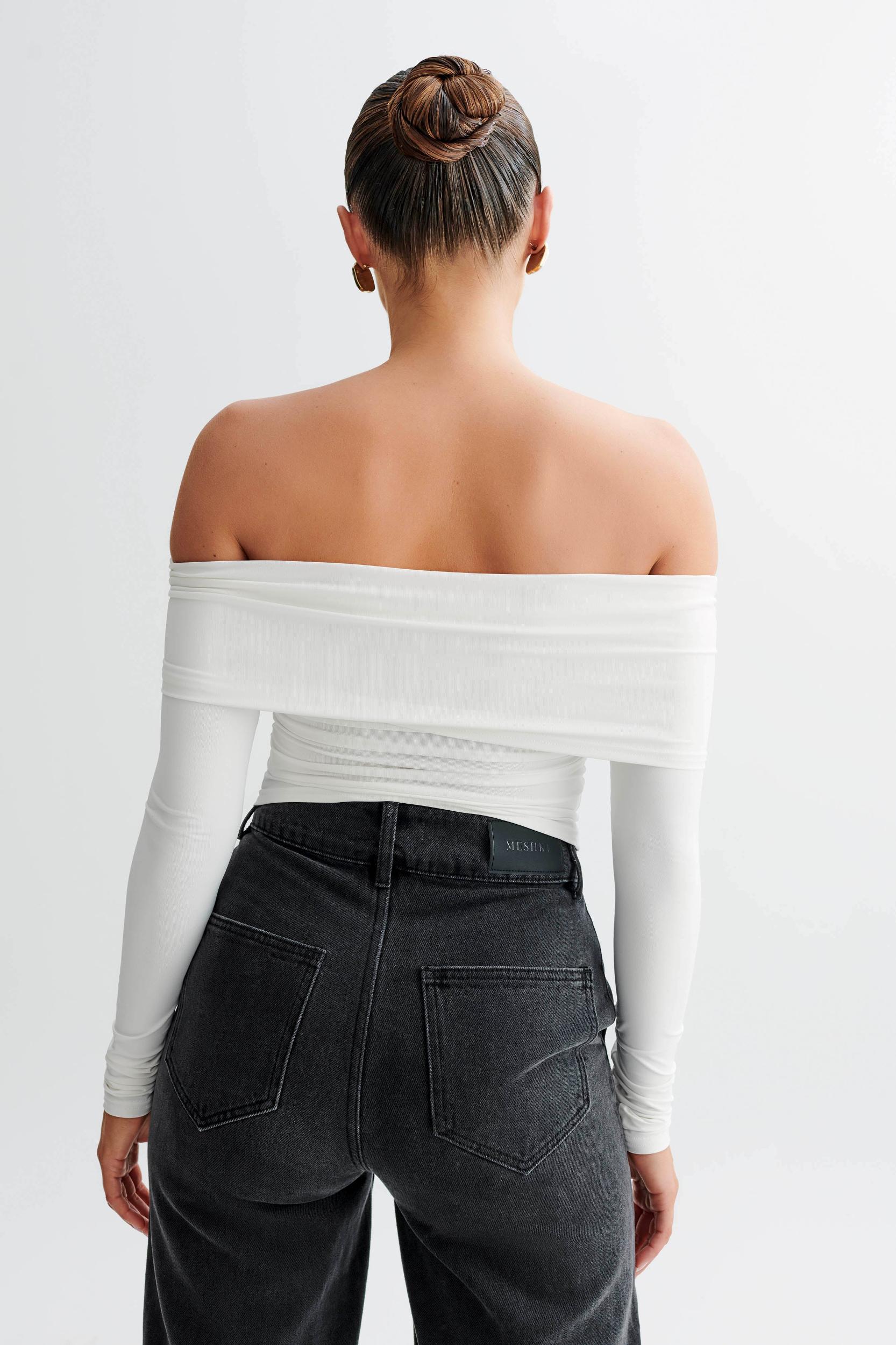 Prue Ruched Off Shoulder Long Sleeve Top - White Product Image