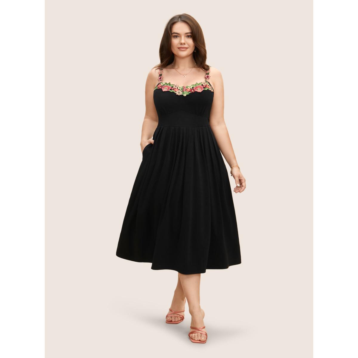 Plus Size Floral Embroidered Pocket Midi Cami Dress Black Women Romantic Embroidered Heart neckline Sleeveless Curvy BloomChic 26/4X Product Image