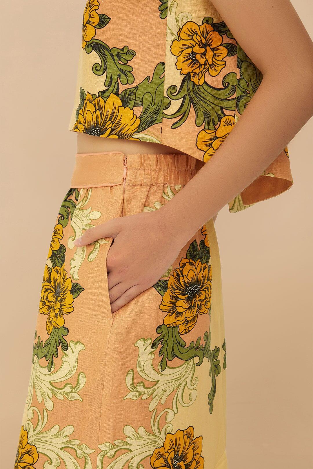 Cream Delicate Flower Arabesques Euroflax™ Premium Linen Midi Skirt Product Image