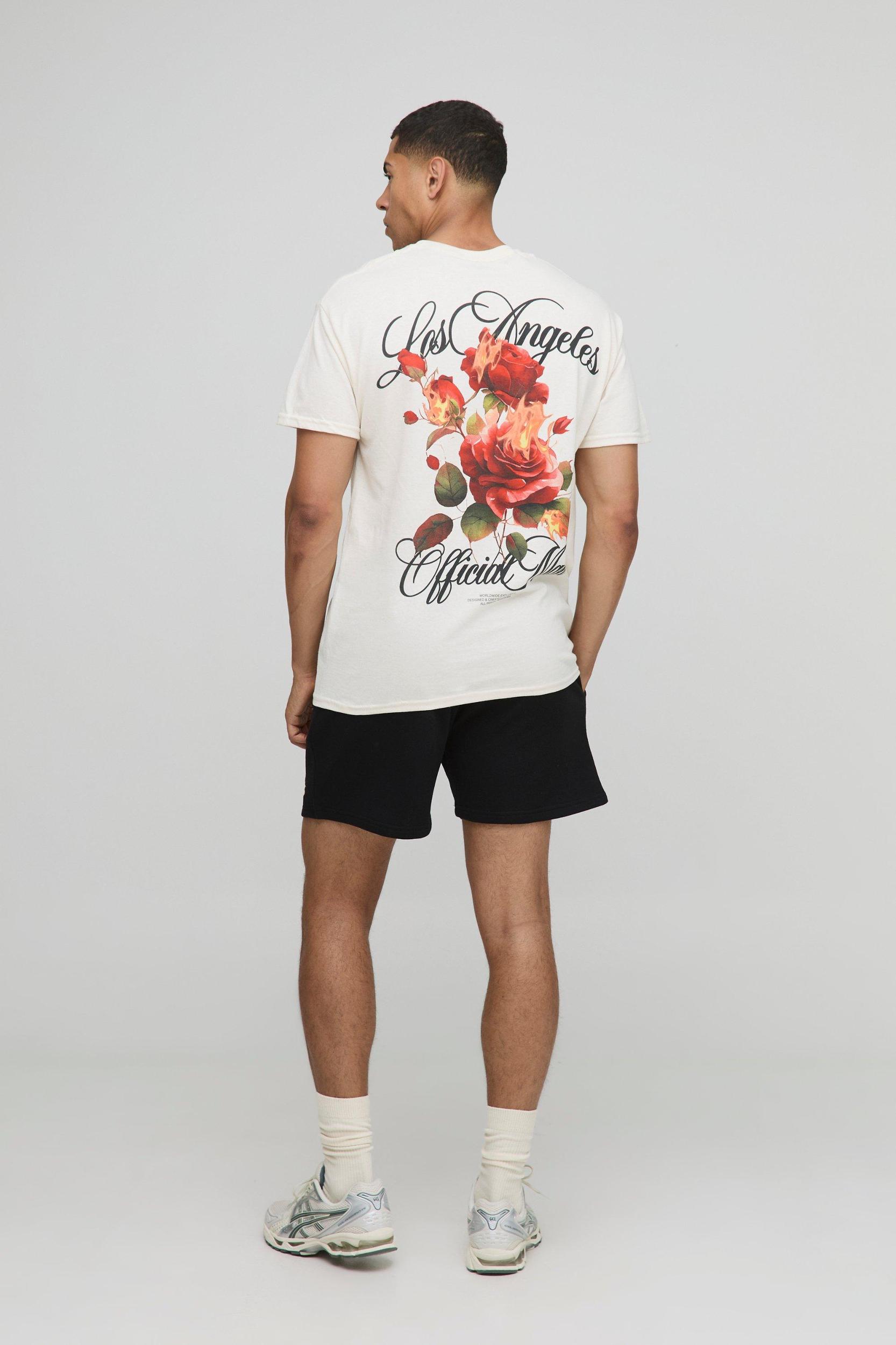 Ecru Oversized Man Los Angeles Floral Printed T-Shirt | boohooMAN USA Product Image