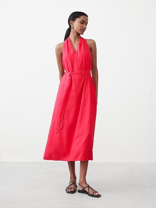 Linen-Blend Twist-Back Midi Dress Product Image