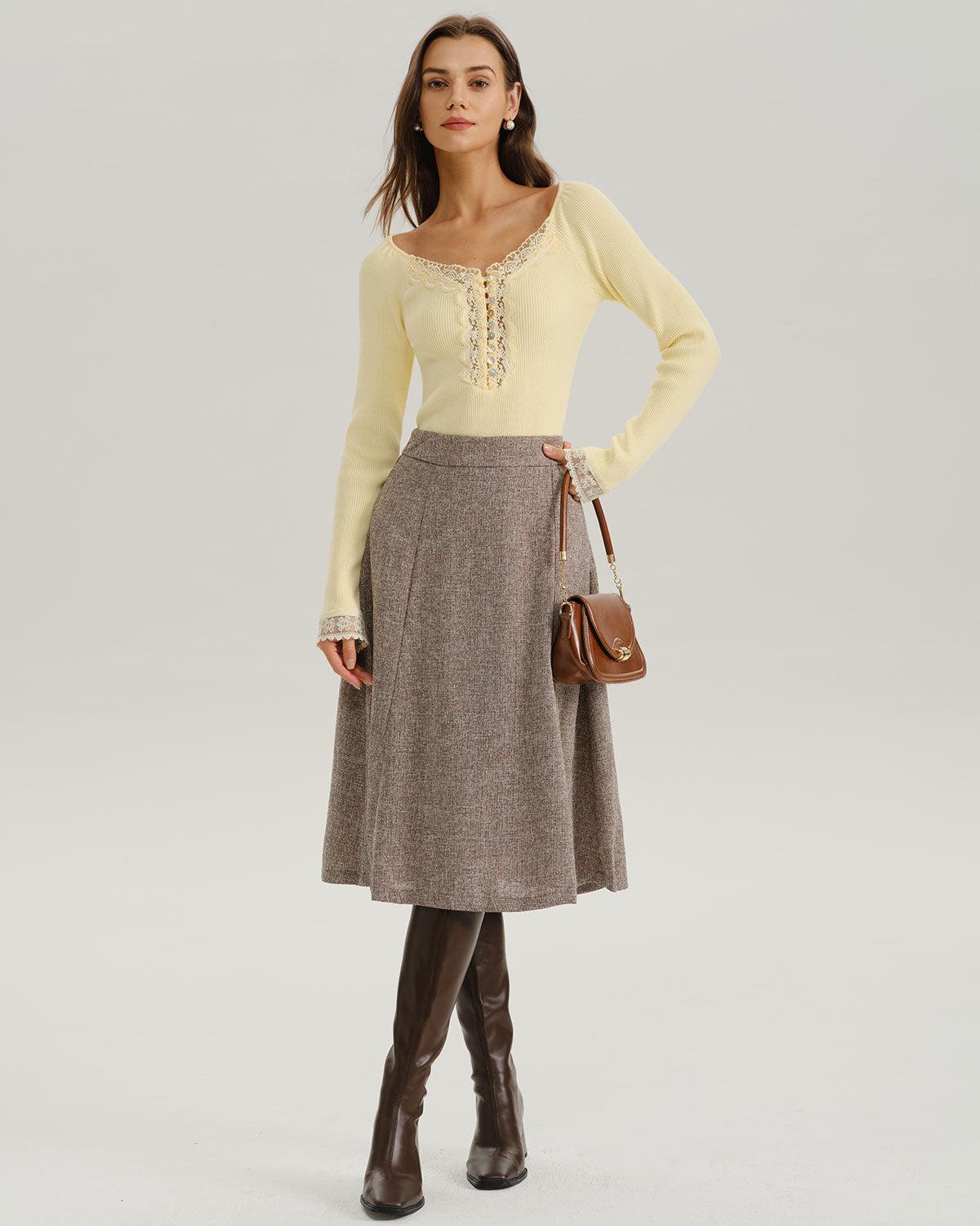 Yellow V Neck Lace Knit Tee Product Image