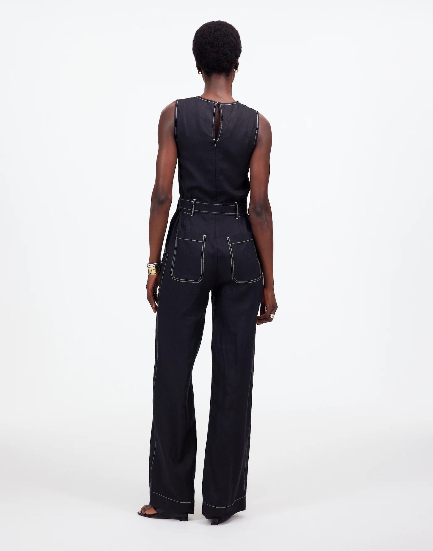 Contrast-Stitch Relaxed Straight-Leg Jumpsuit in Linen Product Image