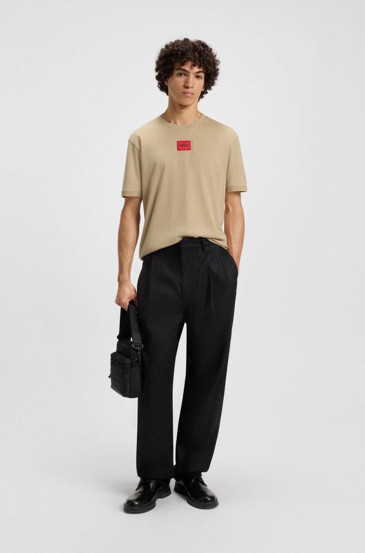 HUGO - Cotton-jersey T-shirt with logo label - Beige Product Image