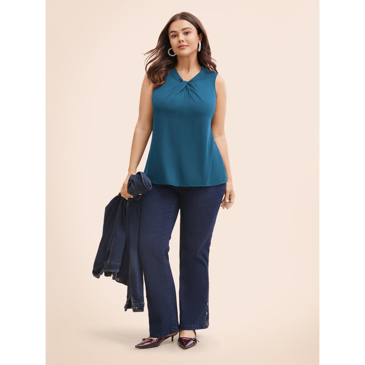 Plus Size Solid Asymmetrical Neck Twist Front Tank Top Women Aegean Timeless Twist Asymmetrical Neck Elegant Tank Tops Camis BloomChic 30/6X Product Image