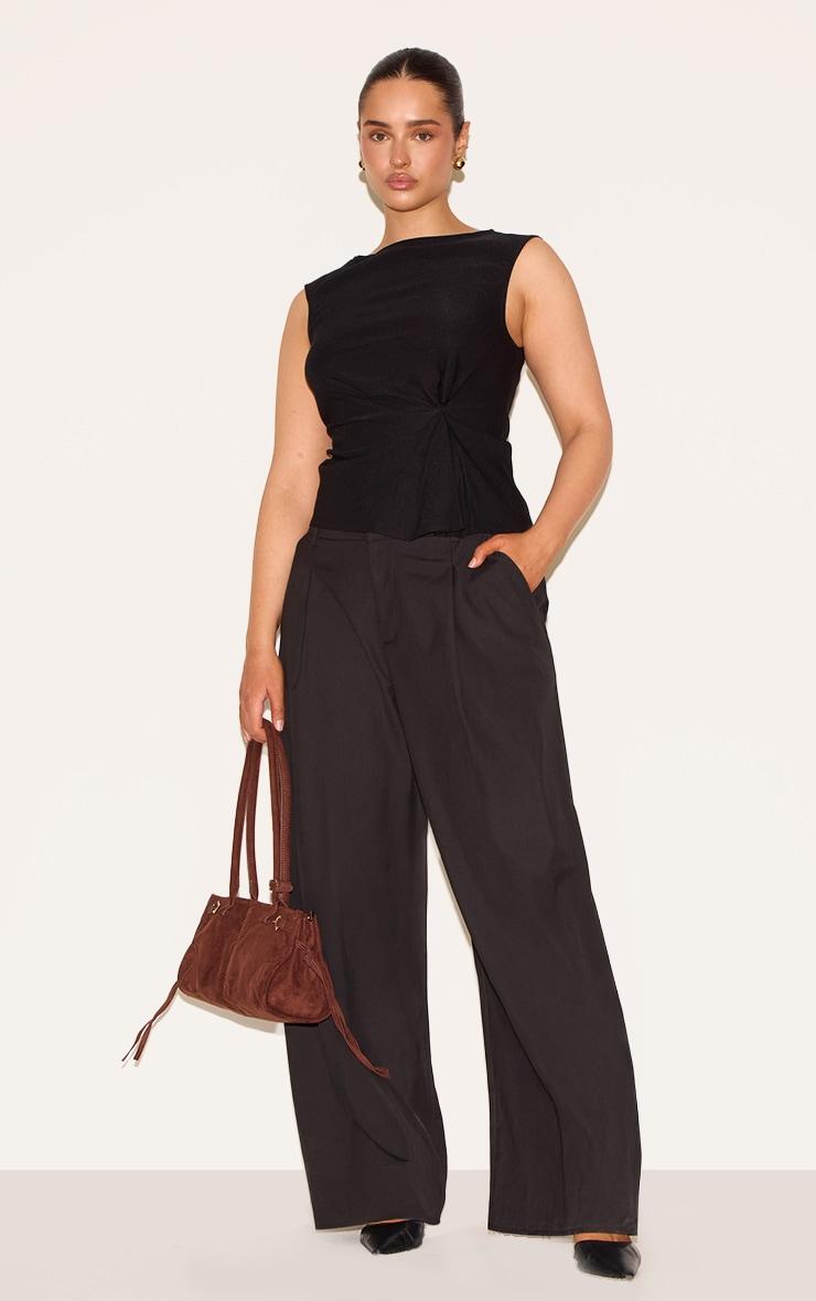 Shape Black Stretch Woven Boat Neck Pleated Peplum Top Product Image