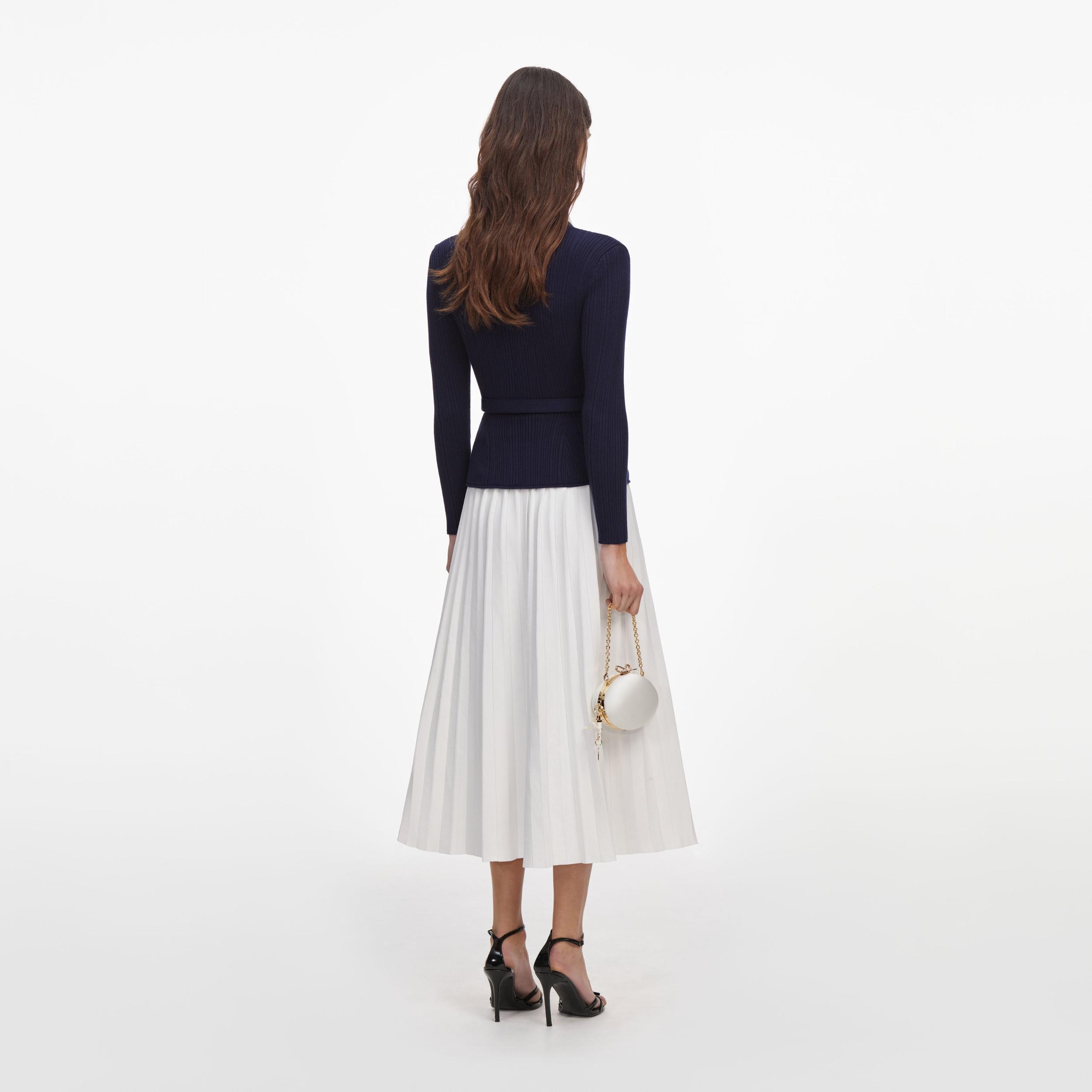 Navy Ribbed Knit Contrast Midi Dress Product Image