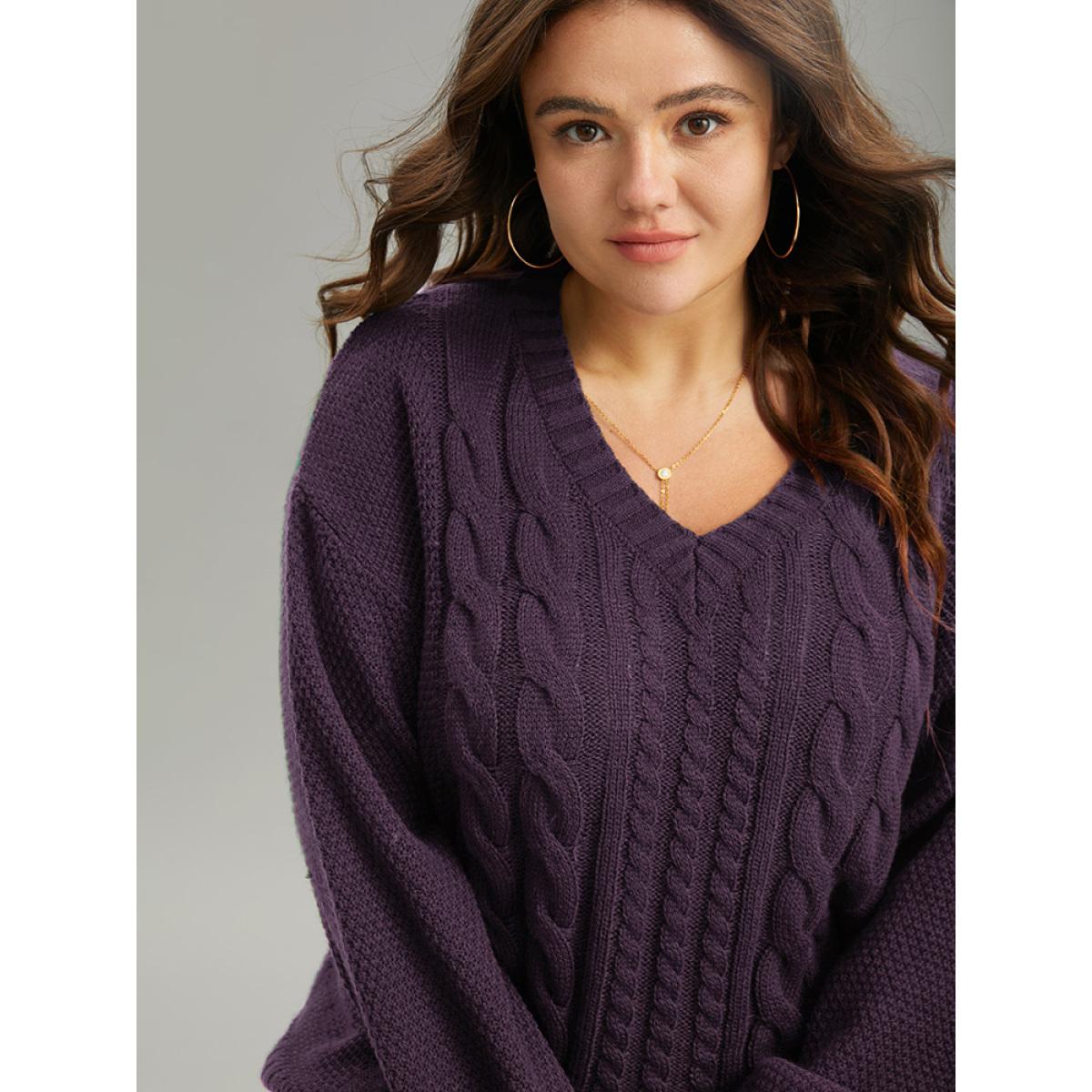 Plus Size Solid Cable Knit V Neck Elastic Cuffs Pullover Eggplant Women Casual Loose Long Sleeve V-neck Everyday Pullovers BloomChic 12/L Product Image