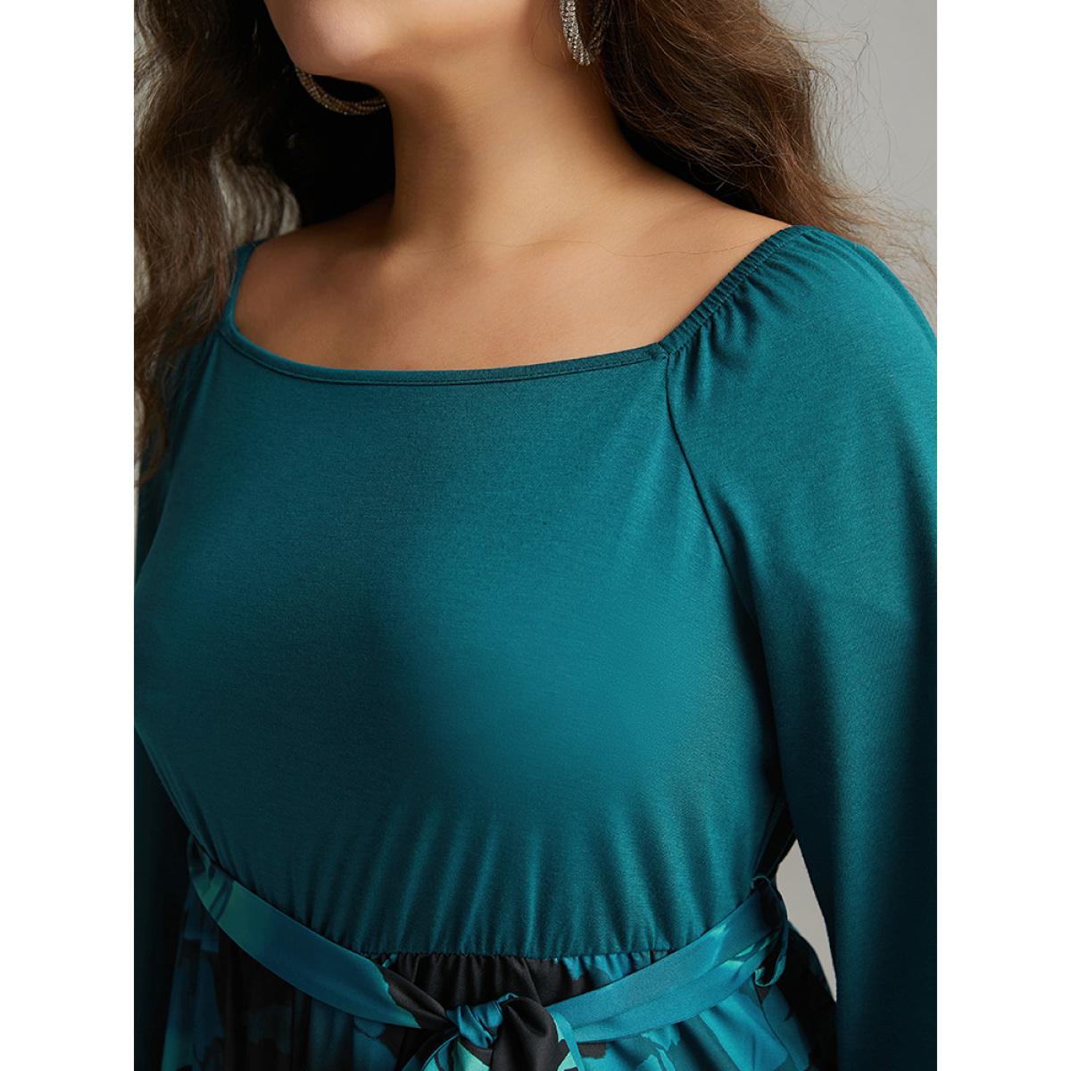 Plus Size Teal Floral Square Neck Gathered Belted Jumpsuit Women Glamour Long Sleeve Square Neck Going out Loose Jumpsuits BloomChic 10/M Product Image