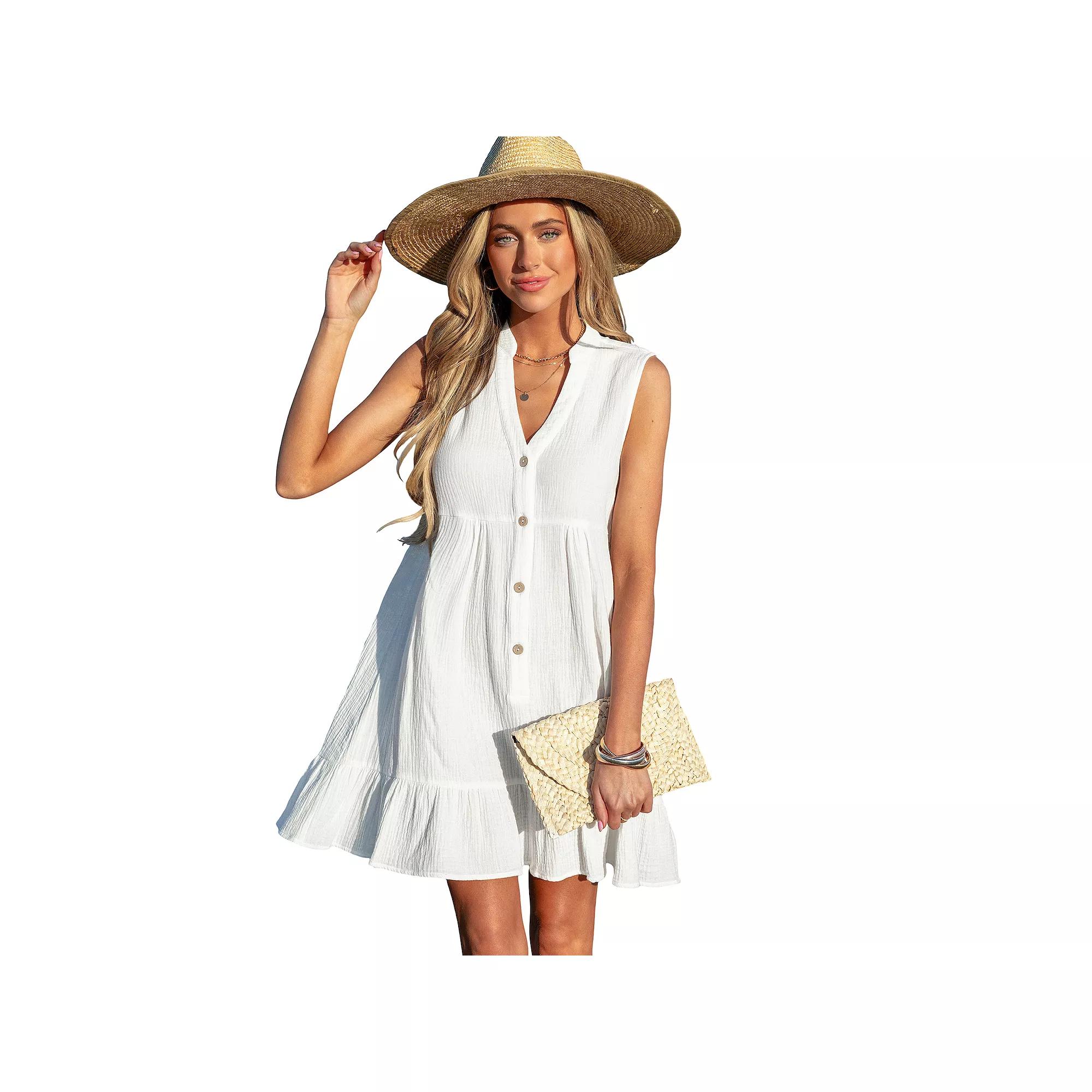 Women's Cupshe White Ruffle Hem Mini Cover-Up Dress, Size: Large Product Image