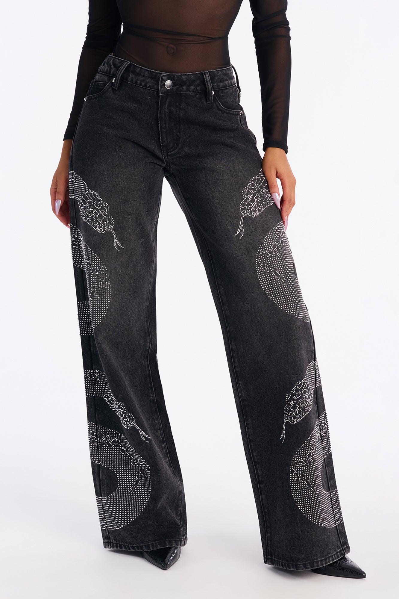 Westside Snake Embellished Low Rise Wide Leg Jean - Black Wash Female Product Image