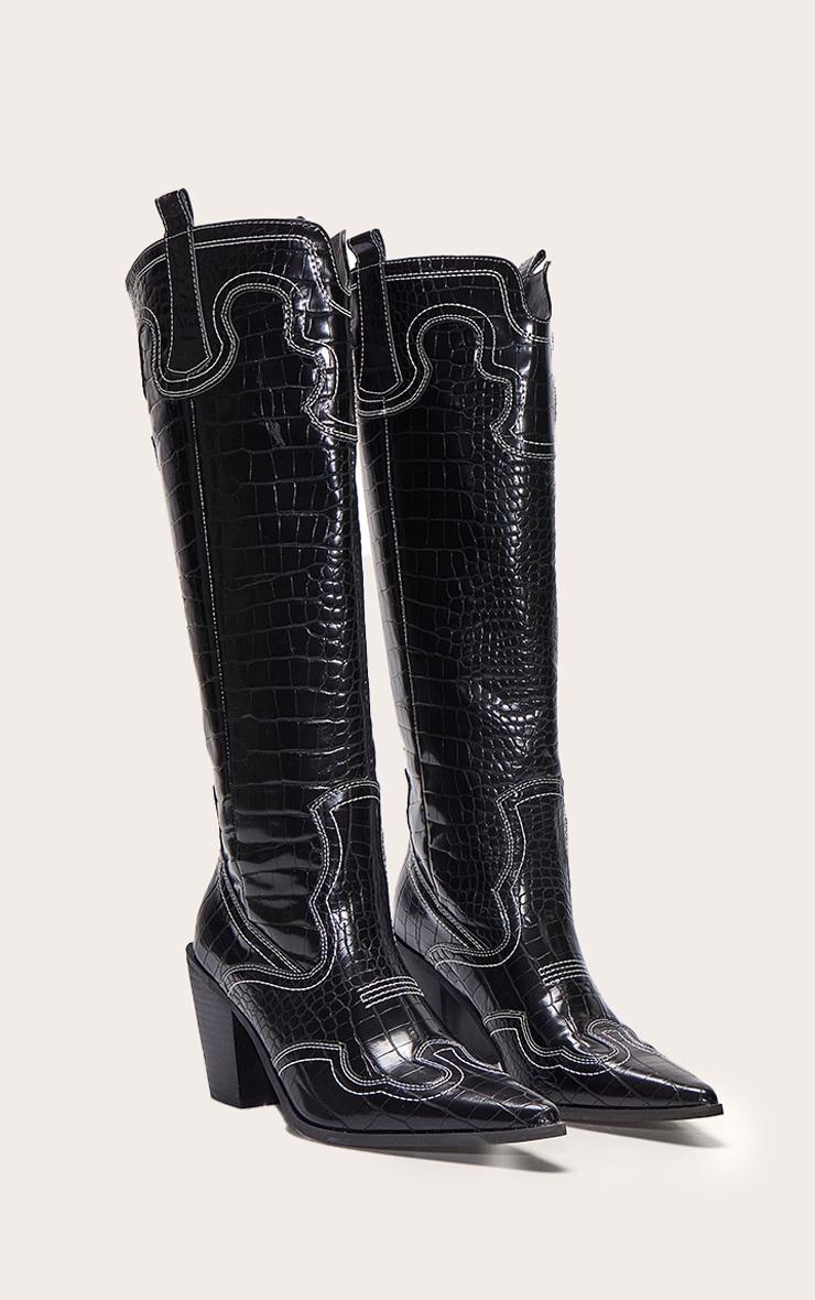 Black Croc Pu Point Toe Western Stitch Knee High Block Heeled Boots Product Image