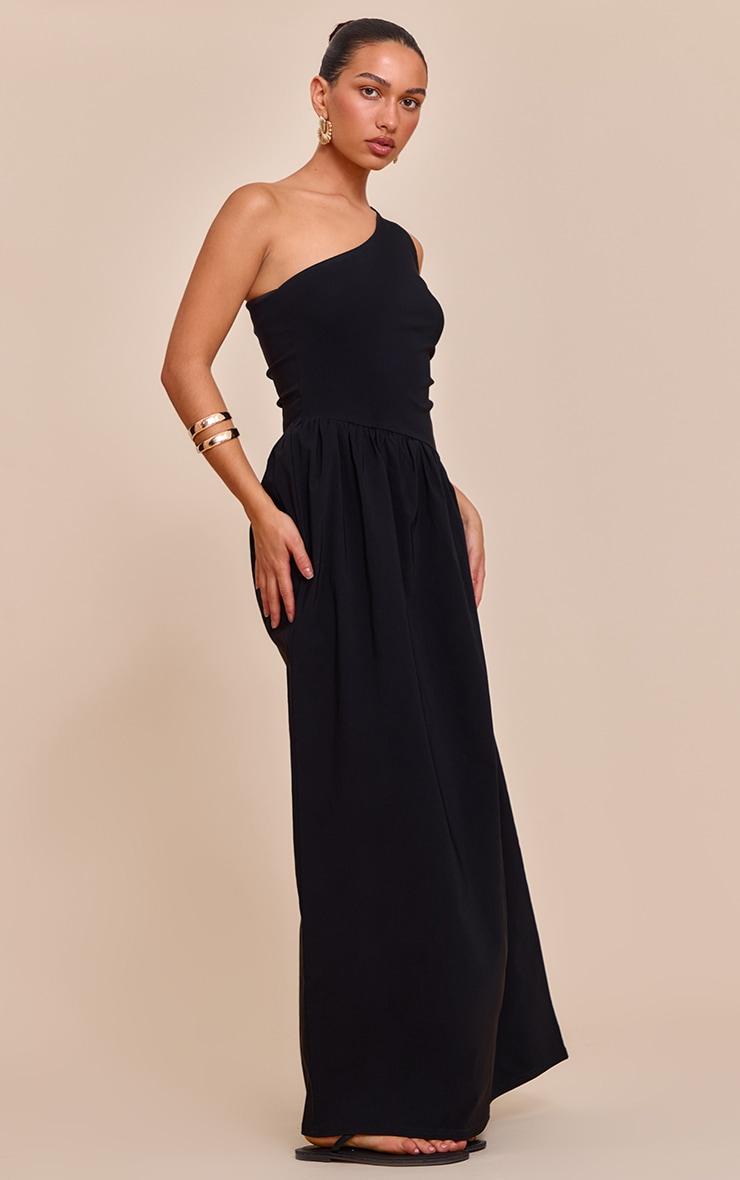 Black Stretch Woven One Shoulder Maxi Dress Product Image