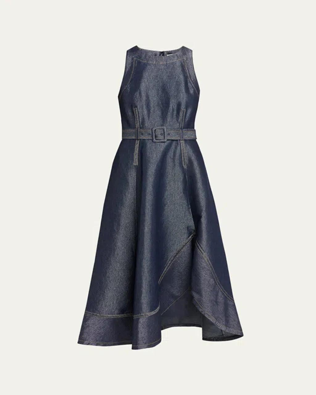 CINQ À SEPT Zelda Belted Asymmetric Sleeveless Denim Midi Dress In Indigo Product Image