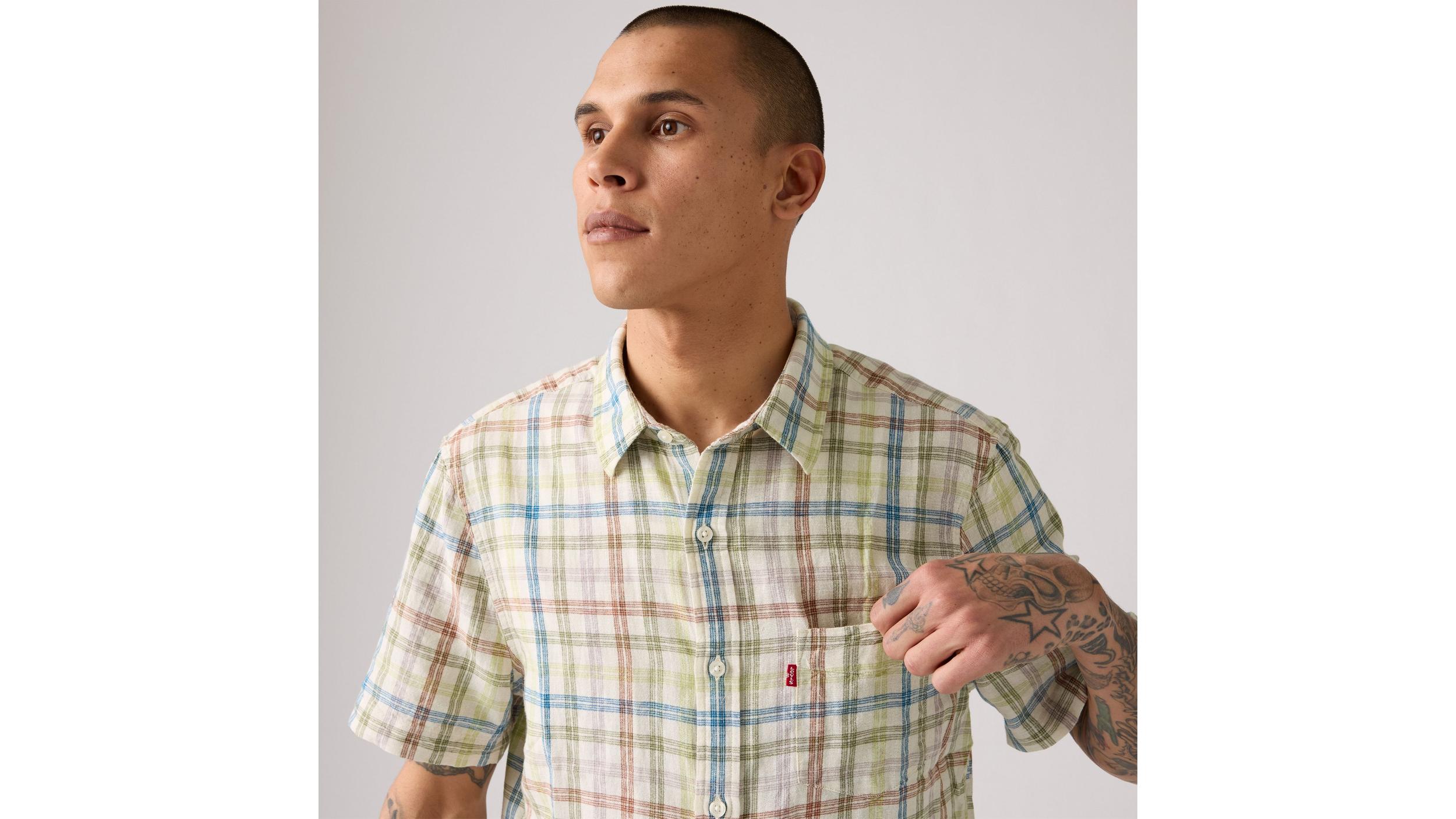 Short Sleeve Sunset Cotton Linen One Pocket Shirt Product Image