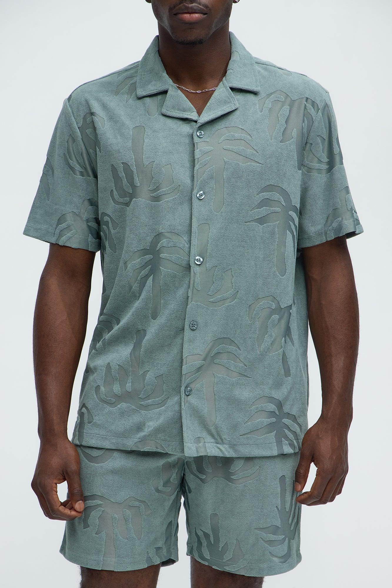 Tropical Trees Jacquard Cuban Button Down Shirts  - Sage Product Image