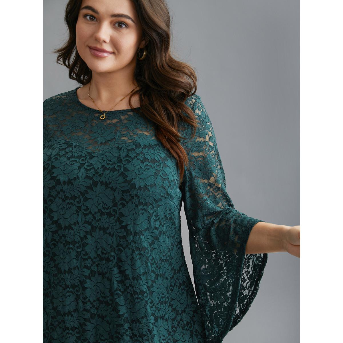 Plus Size DarkGreen Sheer Lace Irregular Sleeve Lined Shirt Women Romantic Long Sleeve Round Neck Elegant Blouses BloomChic 30/6X Product Image