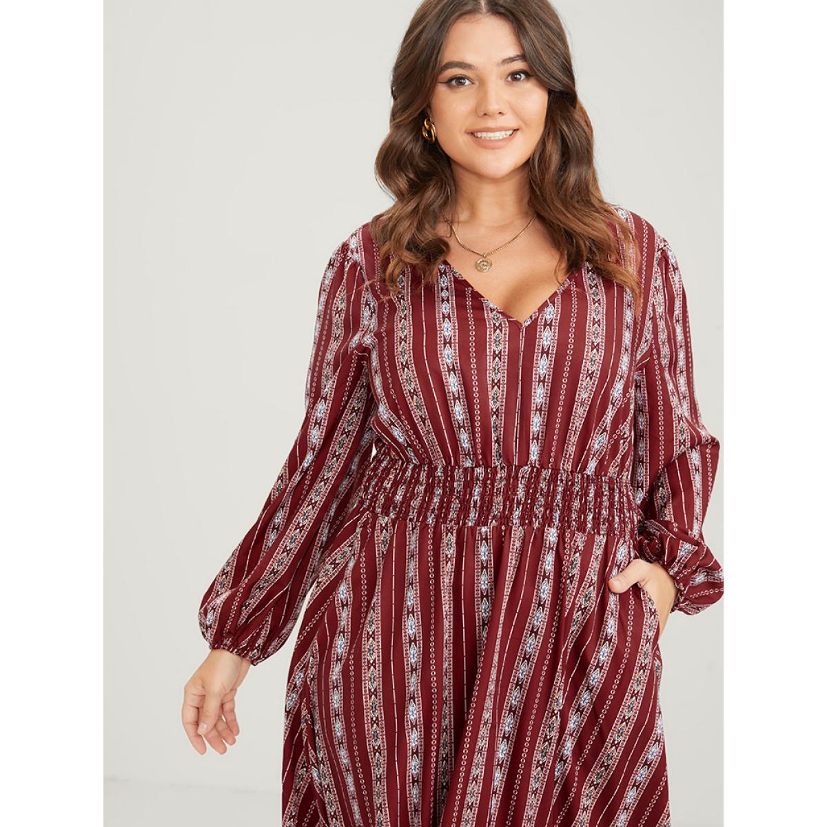 Plus Size Striped Geometric Pocket Lantern Sleeve Shirred Split Dress Red Women Elegant V-neck Long Sleeve Curvy Long Dress BloomChic 26/4X Product Image