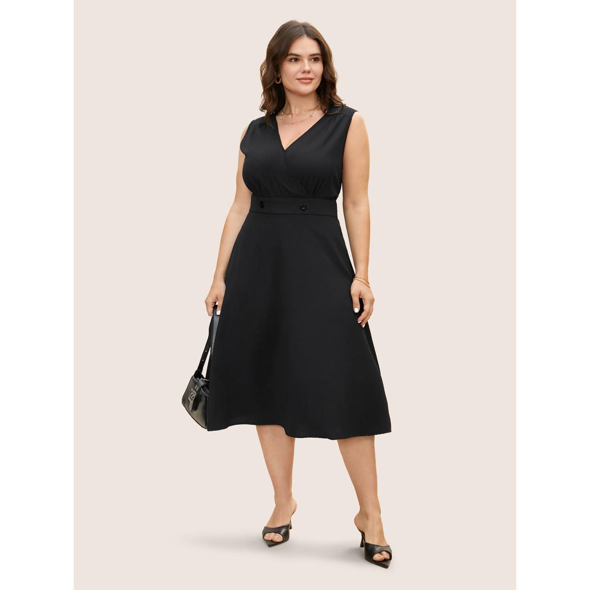 Plus Size V Neck Plain Split Hem Sleeveless Midi Dress Black Women At the Office Button V-neck Sleeveless Curvy BloomChic 14-16/1X Product Image